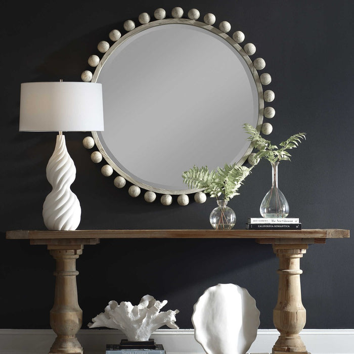 Cyra Wood Round Mirror Aged Ivory