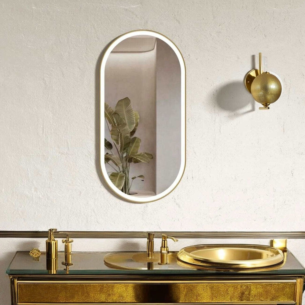 Sparrow LED Frontlit Gold Oval Bathroom Mirror With Changeable Colour ...